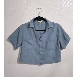 Love Notes 100% Cotton Button Down Soft Waffle Knit Blue Crop Top Size Large
